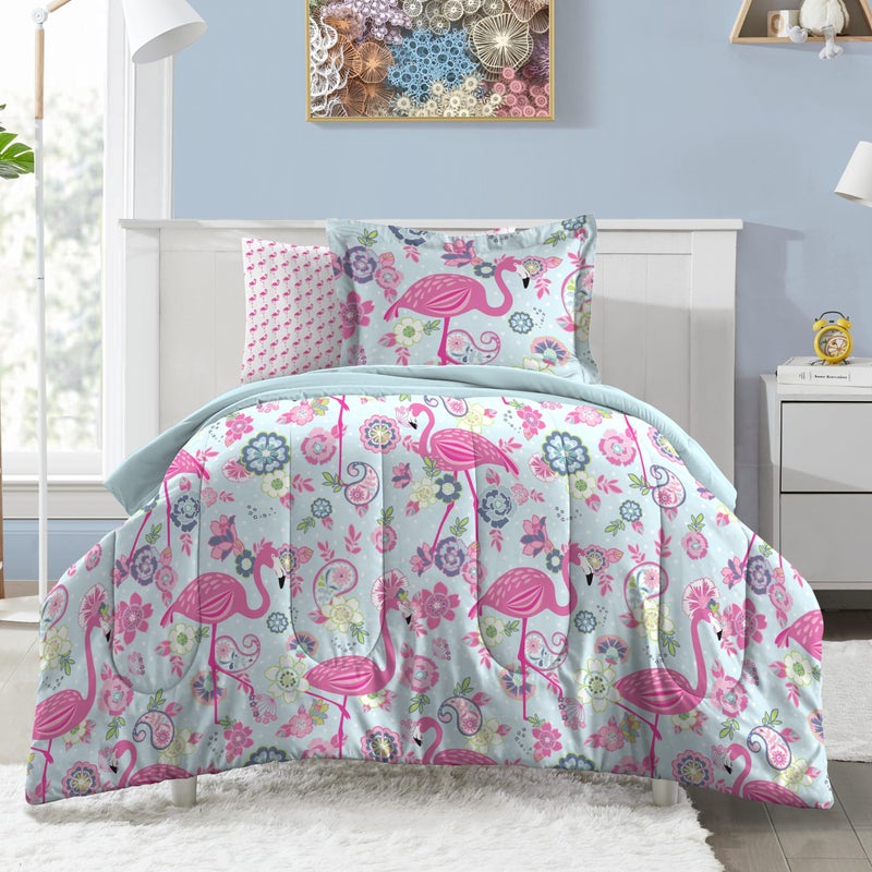 dream FACTORY Kids 7-Piece Complete Set Easy-Wash Super Soft Microfiber Comforter Bedding, Full, Pink Flamingo - Image 1